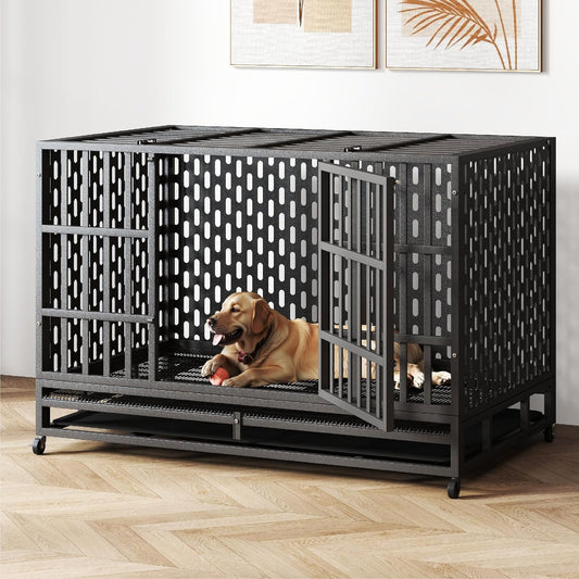 48/42 Inch Heavy Duty Indestructible Dog Crate Steel Escape Proof, Indoor Double Door High Anxiety Cage, Kennel with Wheels, Removable Tray, Extra Large XL XXL