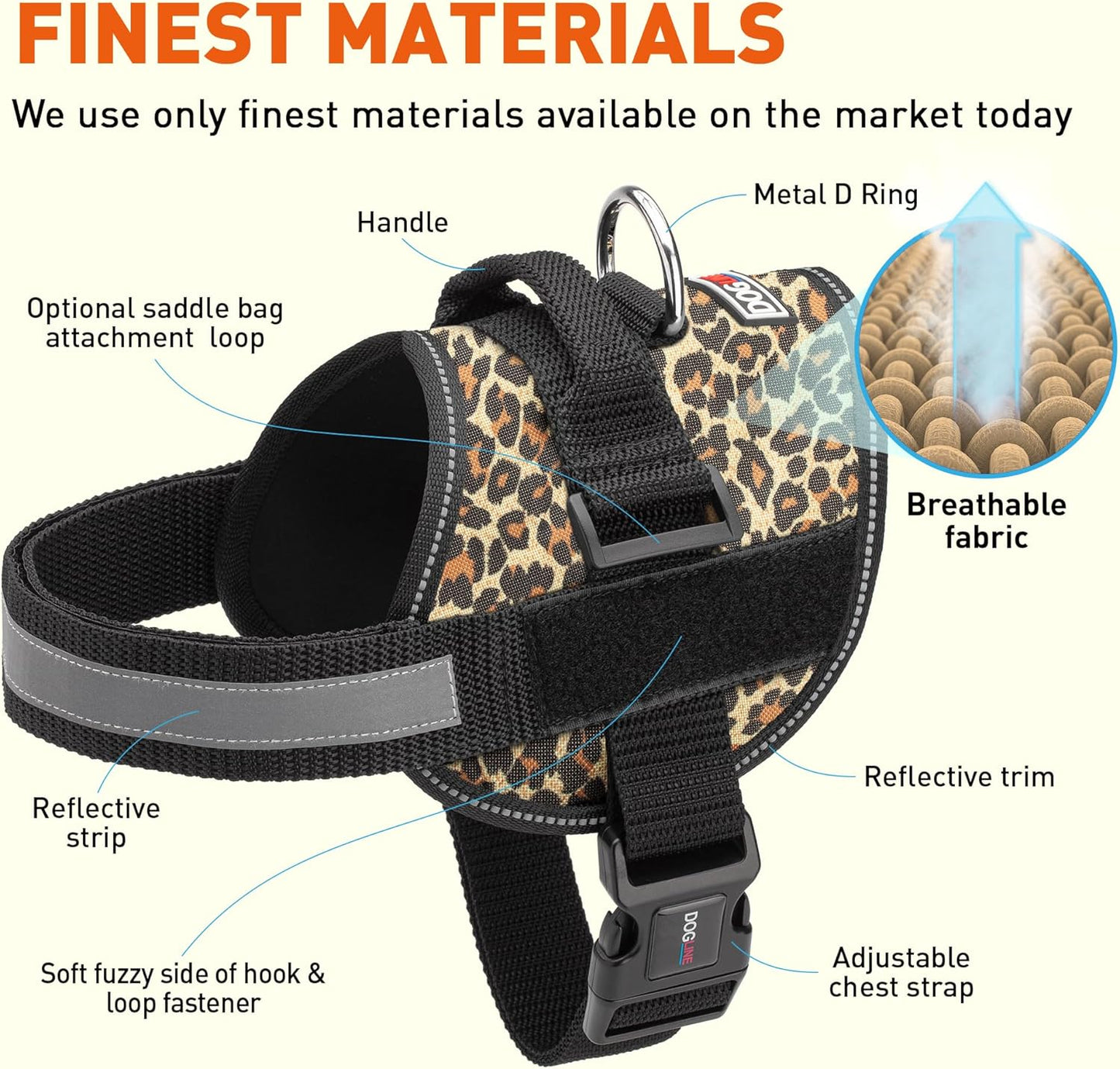 Dogline Dog Harness, Reflective No-Pull Adjustable Vest with Handle for Walking, Training, Breathable, No - Choke Harness for Small, Medium or Large Dogs Room for Patches Leopard Brown XL 33"-46"
