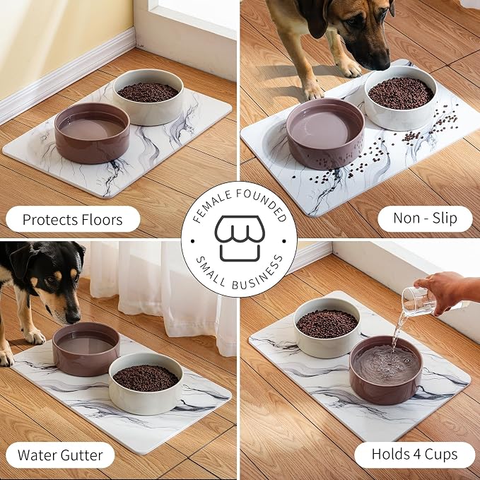 Diatomite Stone Pet Feeding Mat for Dog Cat Super Absorbent Diatomite Quick Drying Stone Dog Food Water Mat, Dog Mats for Food and Water with Non-Slip Station, Fast Dry Pet Mats,Marble White