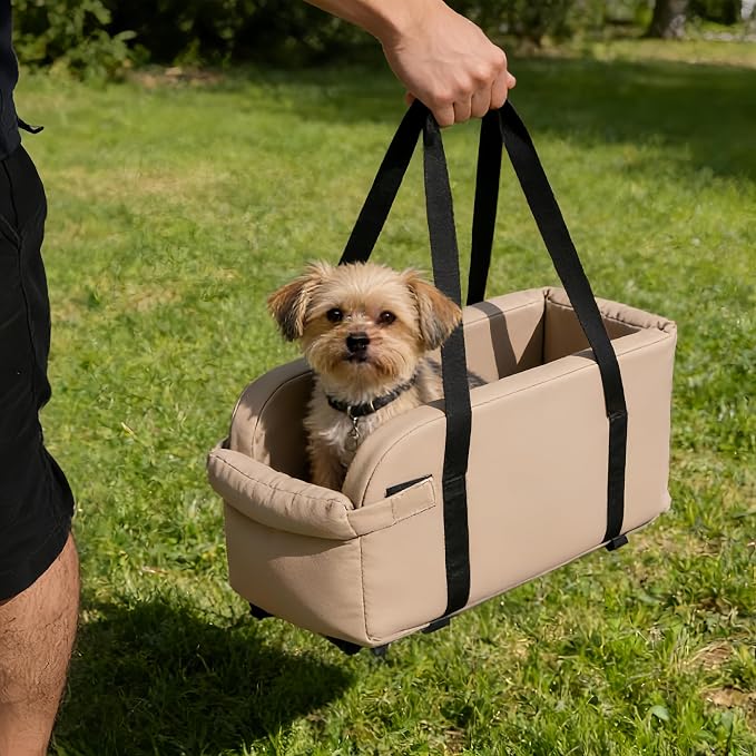 Center Console Dog Car Seat, Waterproof Small Puppy Carrier | Waterproof Faux Leather, for Dogs Under 9 lbs, 2-in-1 Console Dog Car Seat & Carrier, Sturdy Cushioned, Anti-Collapse Walls