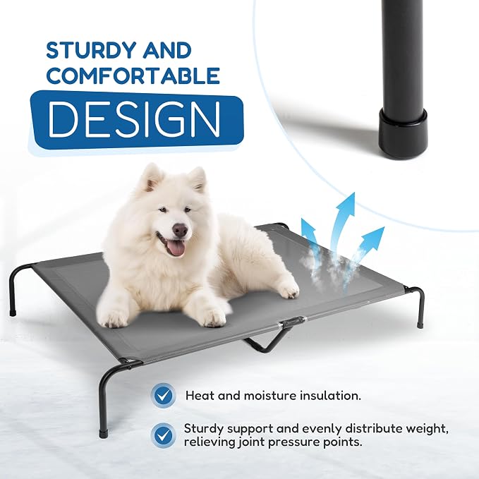 Cooling Elevated Dog Cot Bed Outdoor Raised Portable Dog Beds No-Slip Feet Portable Durable Pet Hammock Bed, 60x37x9 Inch, Grey
