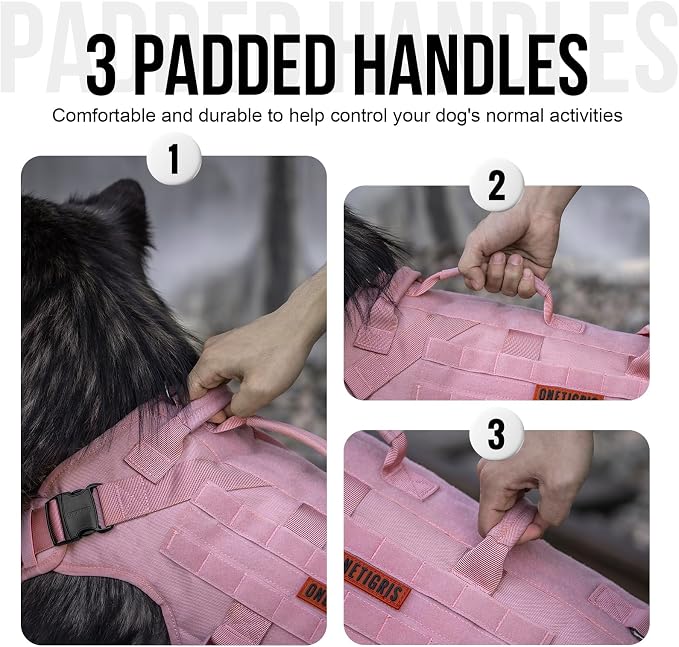 OneTigris Large Tactical Dog Harness, No Pulling Adjustable Dog Vest Harness, Heavy Duty Dog Harness with Handle, Large Hook and Loop Panels for Patch(Pink,XL
