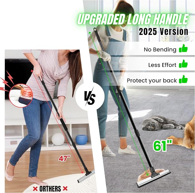Carpet Rake Kit for Pet Hair Removal & Fluffing Matted Carpet – 61" Adjustable Handle, Deep Clean Dog & Cat Hair Remover, Reusable Scraper for Rugs, Low Pile Carpet, Couch Stairs & Car