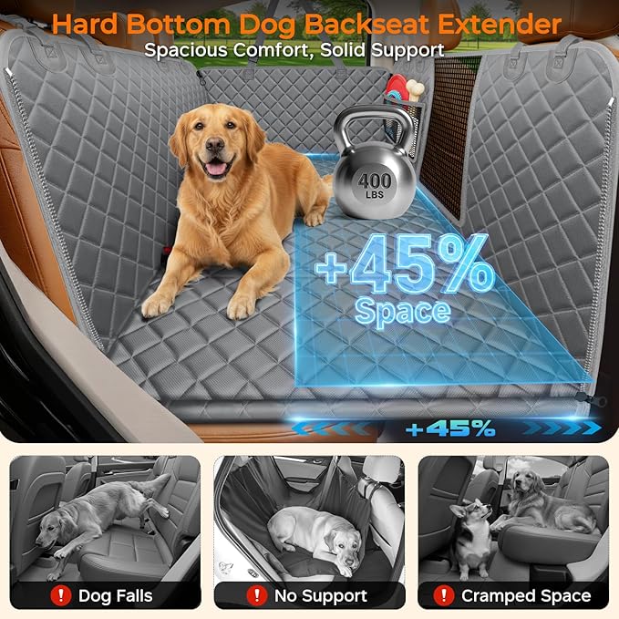 URPOWER Backseat Extender for Dogs - Hard Bottom Dog Car Seat Cover for Back Seat, Dog Hammock for Car and SUV, Pet Rear Seat Protector Dogs Travel Bed with Mesh Window & Side Flaps