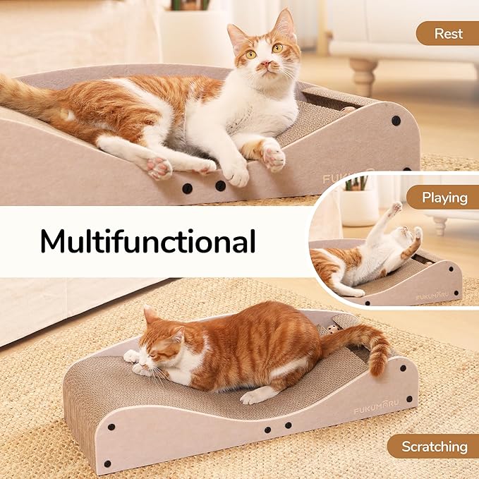 FUKUMARU Cardboard Cat Scratcher Bed, Extra Large 29.1 Inch Cat Scratch Pad | Cat Scratching Bed Couch Indoor, Natural Felt Multifunctional, Horizontal Kitten Scratch Bed Lounger With Ball Toy, Camel