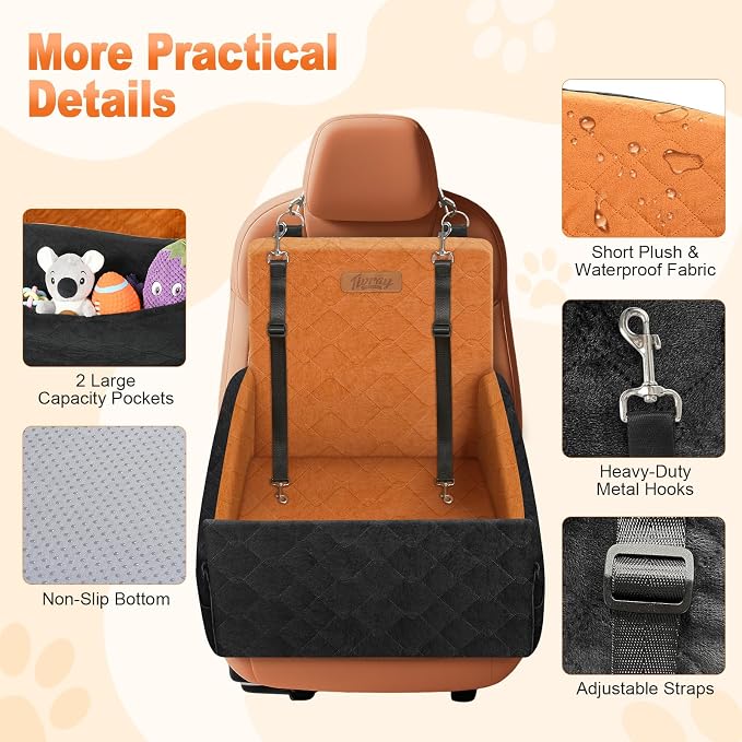 Elevated Dog Car Seat for Small and Medium Dogs Up to 35 lb | 4" High-Density Foam Dog Car Bed, 2 Storage Pockets,3 Safety belts,Fully Removable and Washable for Easy Care,Black+Brown