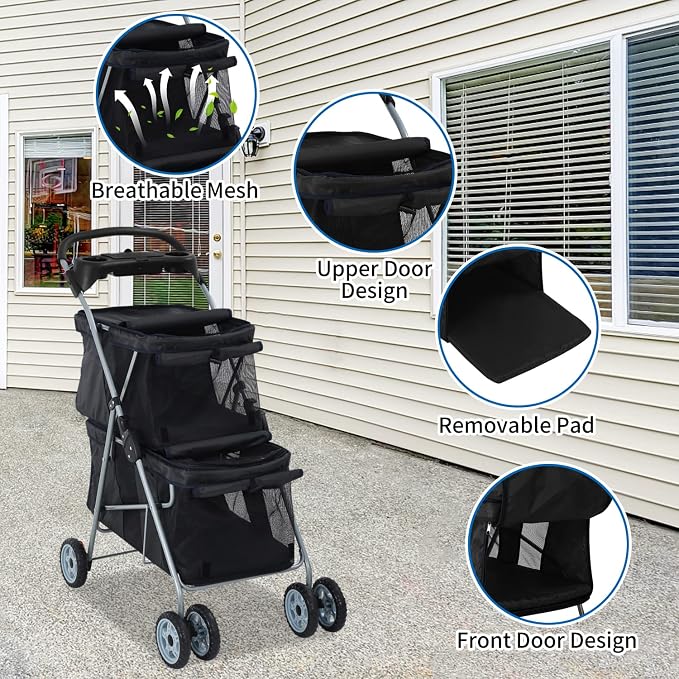 Dog Stroller 4 Wheels Cat Strollers Double Layer Pet Strollers Pet Carriers Jogger Stroller for Medium Dogs Cats Travel Camping Strolling Cart with Cup Holder Removable Liner, Black