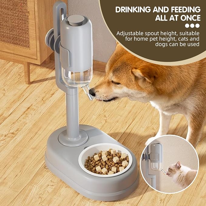 Pet Standing Water Dispenser Cat Dog Standing Ceramic Bowl Automatically Feeding Water Height Adjustable Detachable Pole (Gray, Large)