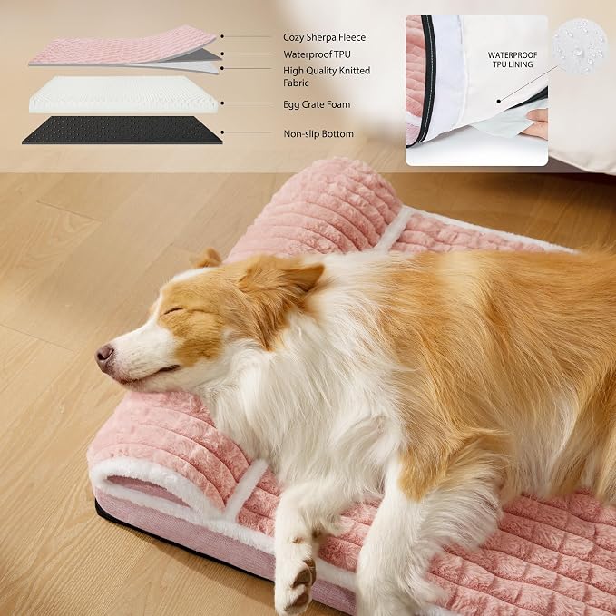 Orthopedic Large Dog Bed Pillow Pet Sofa Bed 36''X24'' Pink | Egg-Crate Foam Pet Couch Large Sized Dog, Waterproof Removable Washable Cover,Furry Puppy Crate Mat With Nonskid Bottom
