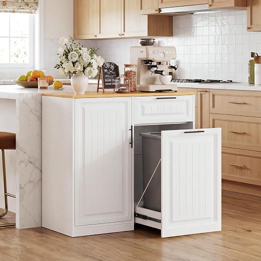 ZIFTY Pull Out Trash Can Cabinet with Storage, 13 Gallon Trash Can, White | Pet Proof, Freestanding Kitchen Cabinet, Drawer & Adjustable Shelf, Garbage Recycling, Modern Farmhouse Waste Bin Furniture