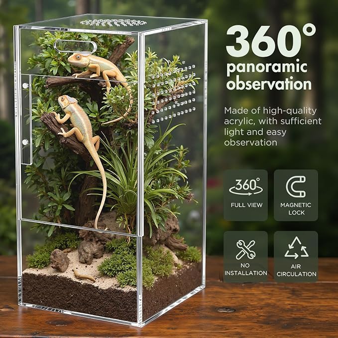 Pre-Assembled Jumping Spider Enclosure, All-Side Ventilation | 5"×5"×10" Escape-Proof Acrylic Habitat Terrarium with Magnetic Door for Jumping Spider, Tarantula, Praying Mantis, Snail