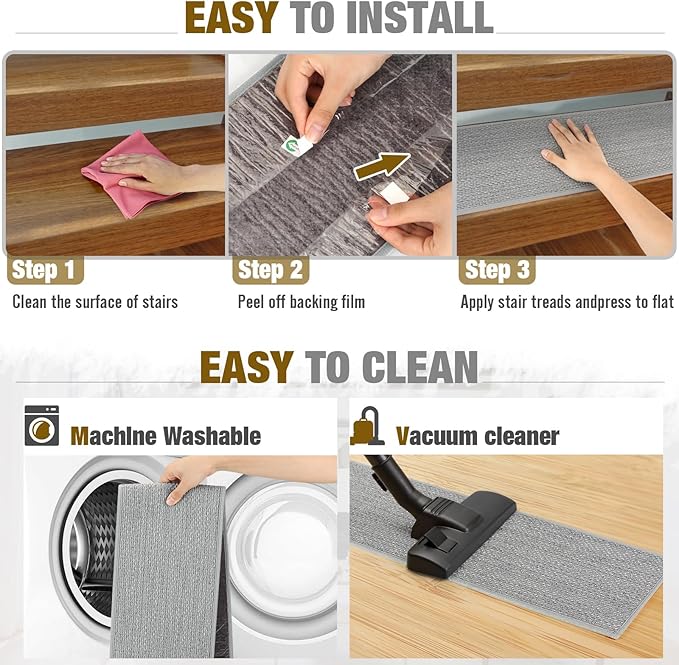 Stair Treads Non Slip for Wooden Steps Indoor 9" x 36" 15 Pack Extra Wide Stair Tread Carpet Stairs Runner, Step Pads with Reusable Adhesive for Dogs Kids Elders, Machine Washable, Light Grey