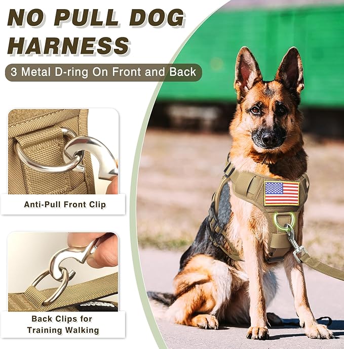 Tactical Dog Harness and Leash Set with Metal Buckles+10 Patches | Heavy Duty Service Dog Vest ,Adjustable Harness for Large Sized Dogs,No Pull Front Back Clips,for Training Hiking,Brown L