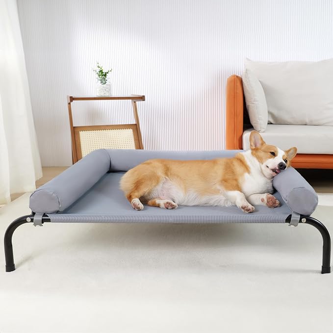 Cooling Elevated Dog Bed with Pillows,Portable Washable Raised Dog Cot with Chew Proof Mesh and Metal Frame,No-Slip Rubber Feet for Indoor & Outdoor Use,Medium,Gray