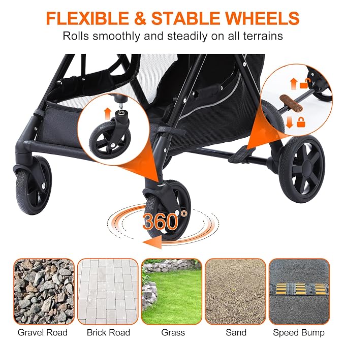 No-Zip Pet Stroller for Small Dogs & Cats, 44 lb, Black | No-Zip Canopy, 44 lb Capacity, Reflective Trim, 2 Tethers, Lockable Front Wheels, Rear Brake and One-Hand Fold