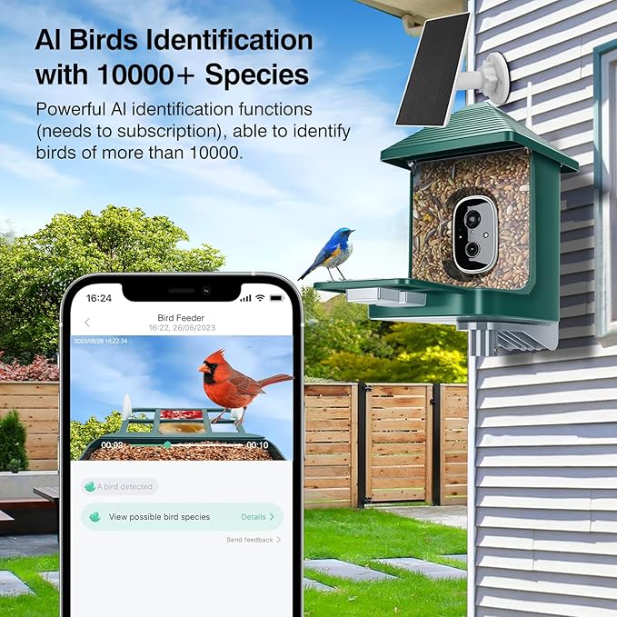 Bird Feeder with Camera,Smart Watching Birds,AI Identify Species 2K Live Video,2.4GHZ WiFi Solar Birds House Cameras for Outdoors,Motion Detection Instant Arrival Alerts,Ideal Present for Birds Lovers
