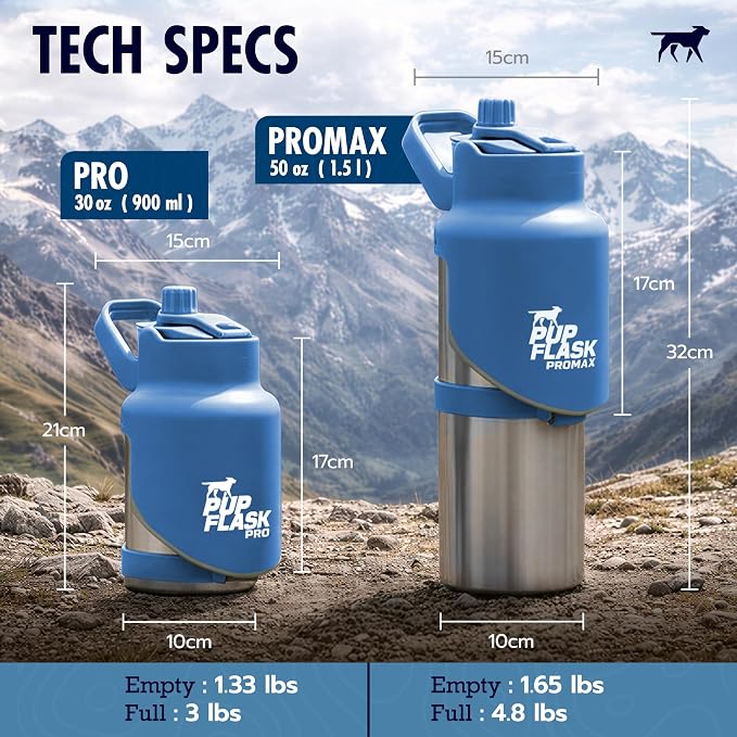 PupFlask Pro Dog Water Bottle | 30 or 50 OZ Double Wall Insulated Stainless Steel | Built-In Flip Cup Bowl | Leak Proof Cap | 24+ Hour Cold Water | Small & Large Dogs | Portable Pet Hydration Bottle