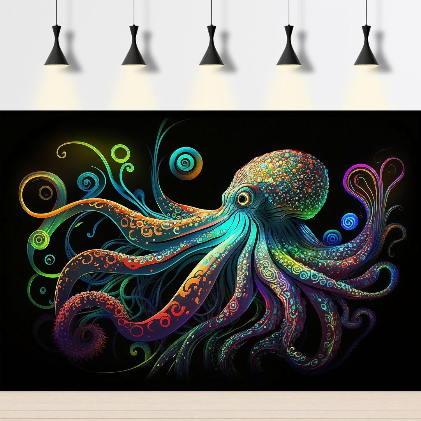 Octopus Aquarium Background Exquisite Colorful Octopus Terrarium Background Glowing Octopus on Black Background Fish Tank Backdrop Octopus Backdrops Poster Wallpaper Decorations Vinyl 30x18in