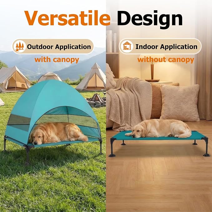 Elevated Dog Bed with UV-Proof Canopy, Outdoor Dog Tent with Powerful Adjustable Feet, Portable Pet Cot with Wider Shade, Raised Cooling Bed for Camping, Patio, Beach, Poolside