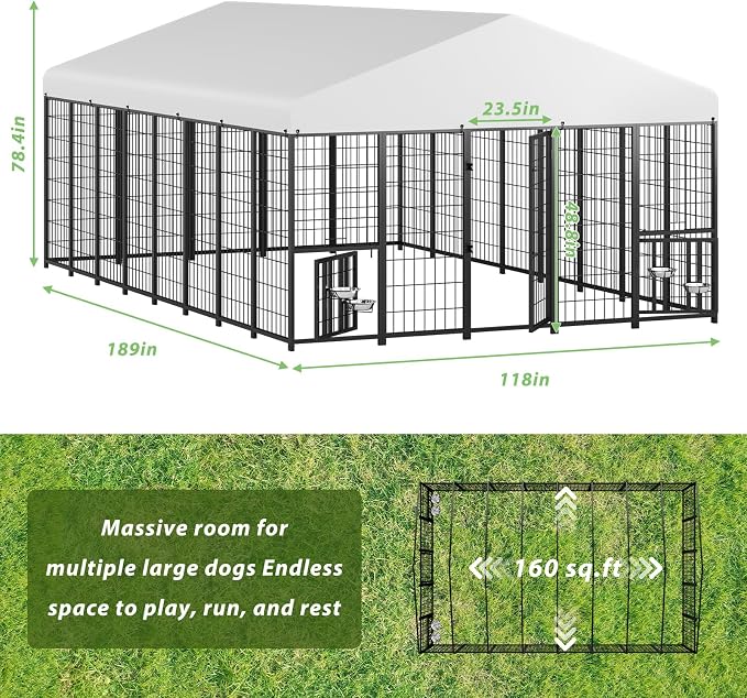 LOVMOR 16' x 10' Outdoor Dog Kennel with Roof for Large Dogs | Heavy duty steel frame, waterproof canopy, double latch door, adjustable feeding bowls for yards and patios