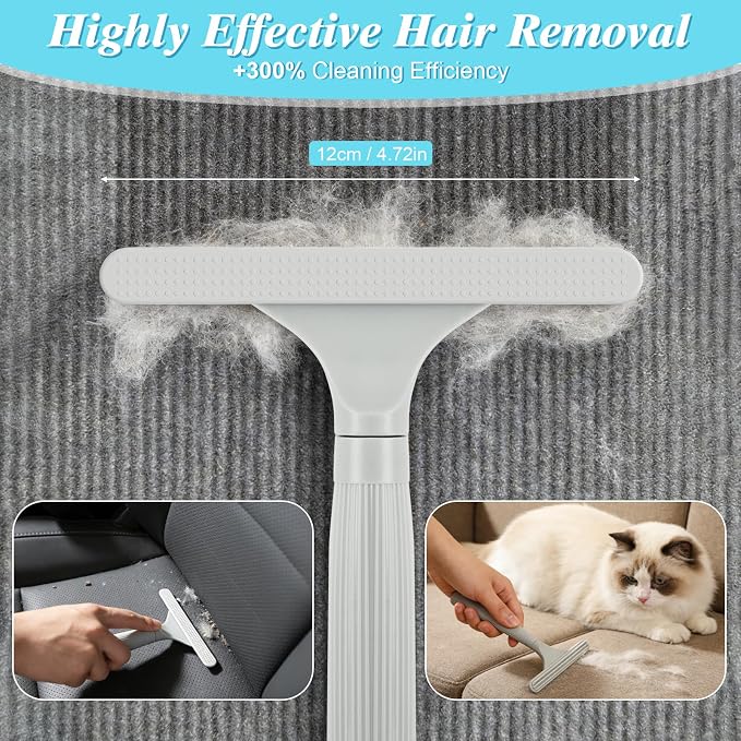 4 in 1 Carpet Rake for Pet Hair Removal - Reusable Pet Hair Removal Glove for Dog Cat Fur Remover, Contain 23-54" Rubber Broom, Silicone Comb Gloves, Magic Brush and Small Scraper for Sofa, Rugs, Mats
