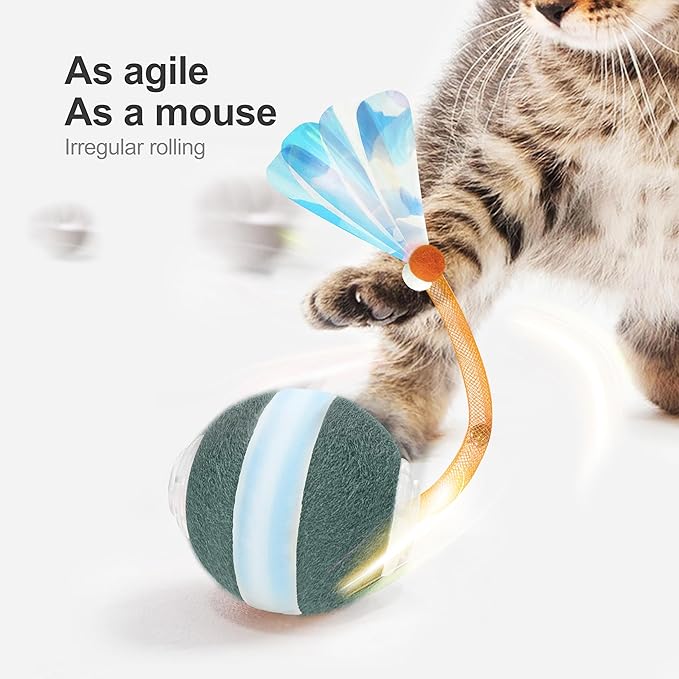 Interactive Cat Toys for Indoor Cats,The 3rd Generation Agile Moving Cat Ball with Elastic Mesh Tail,Automatic Kitten Toys for Bored Indoor Cats (Dark Green)