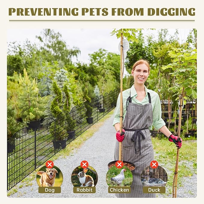 10 Panels No Dig Garden Fence with Gate, 32in x 24.2ft Decorative Dog Fence Outdoor for Yard, Tall Animal Barrier Fencing Rustproof Metal Garden Edging Border, Temporary Fencing for Outdoor, Patio