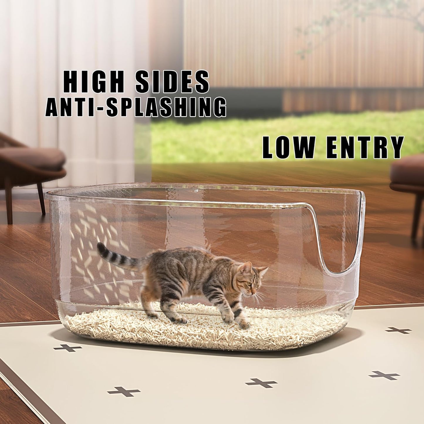 Gefryco Large Cat Litter Box with High Sided 24.6"x18.3"x12.2" - Jumbo Extra Large Open Anti - Splashing High Wall for Multiple Cats (Yellow)