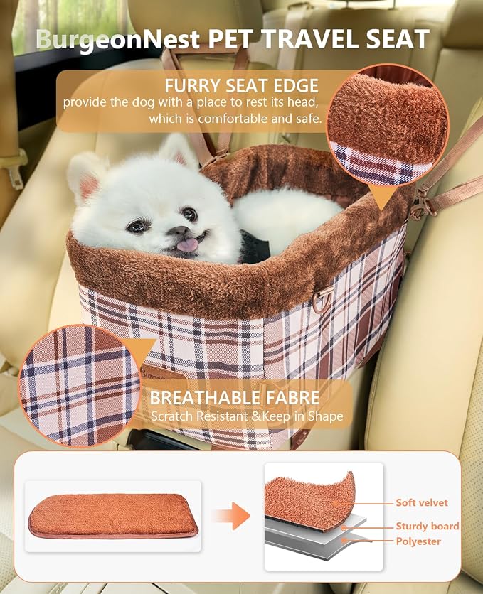BurgeonNest Center Console Dog Car Seat for Small Dogs up to 9 lbs Cute Plaid