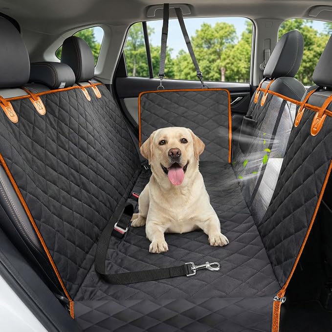 Dog Car Seat Cover, 600D Heavy Dute Car Seat Cover for Dogs Pets, 100% Waterproof Anti-Scratch Nonslip Dog Hammock for Cars, Seat Covers Protector with SeatBelt for Sedan SUV Truck Standard Oran&Black