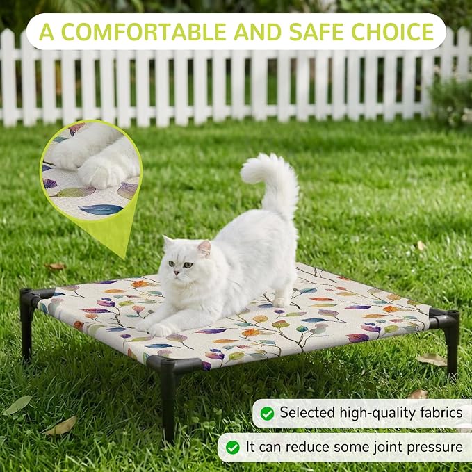 Outdoor Elevated Dog Bed for Small Dogs, Colorful Leaves Breathable Cooling Raised Dog Cot for Indoor/Outdoor, Farmhouse Branches Botanical Vintage Waterproof Elevated Pet Beds, S 20 x 20 in