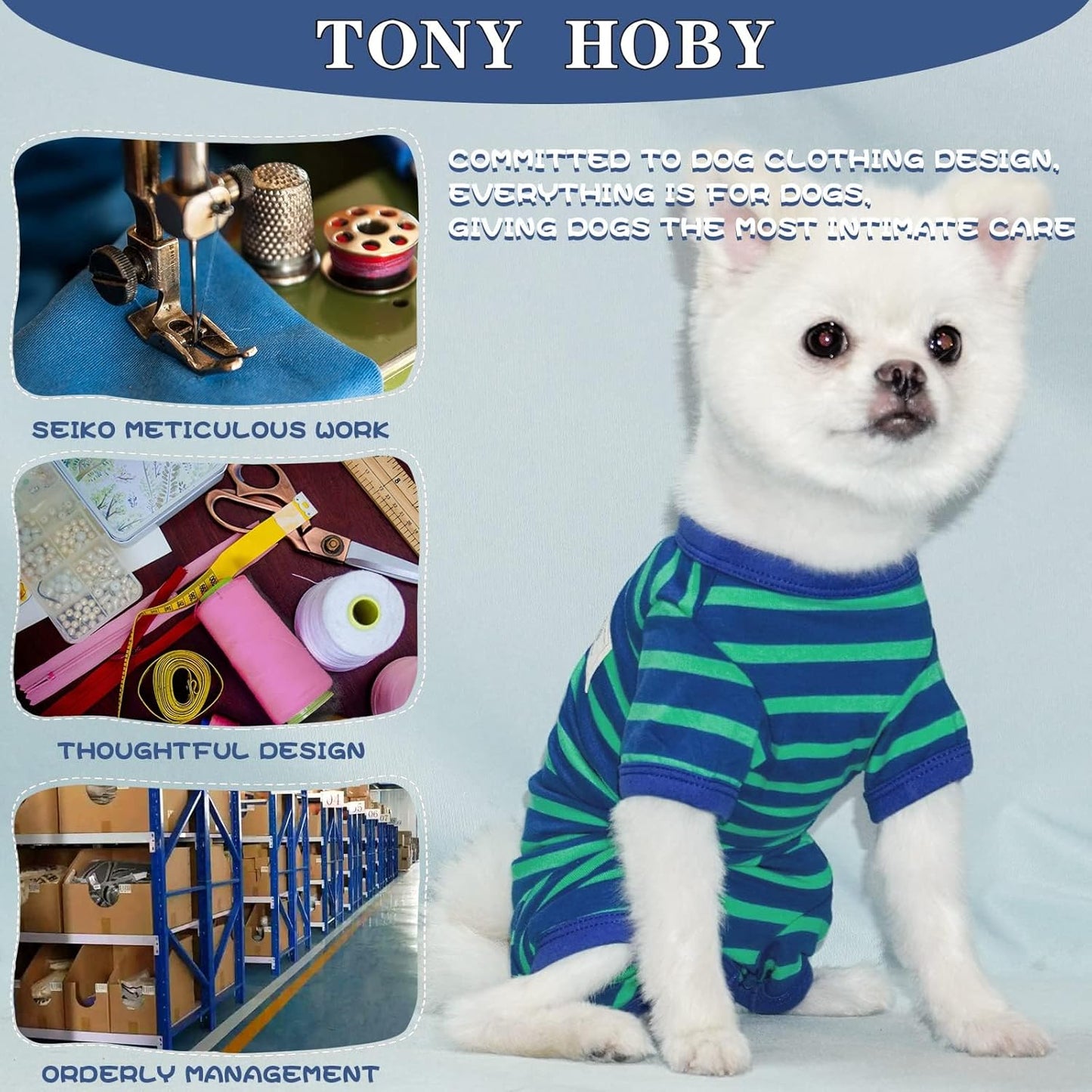 TONY HOBY Dog Pajamas for Female/Male, Dog Jumpsuit with Stripes for Small Medium Dogs, Soft and Comfortable 4 Legged Pajamas Dogs Clothes (Blue&Green, Boy, L)