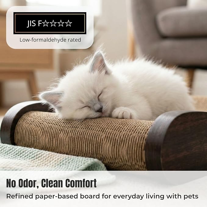 Claw Surfer Cat Bed - Cat Scratcher Bed & Lounge – Heavy Duty High-Density Cardboard, Lasts 5X Longer. Modern Curved Scratching Pad with 20mm White Frame. Non-Toxic, No Mess, Espresso