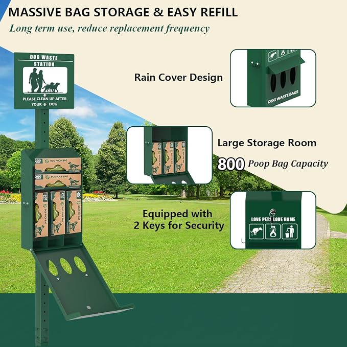 Dog Waste Station 11.5 Gallon, Outdoor Pet Waste Station with Bags, Lockable Dispenser, Keys & Can Liners– Heavy Duty Dog Poop Station for Parks, Backyard, Commercial Use