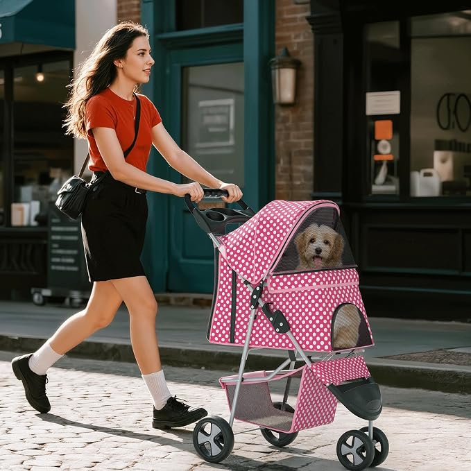 Pink Dog Stroller for Medium Dogs 30 lbs Pet Stroller for Small Dogs Cat Strollers for 2 Cats, 3 Wheels Foldable Jogger Puppy Stroller with Storage Basket and Cup Holder, Pink Polka Dots