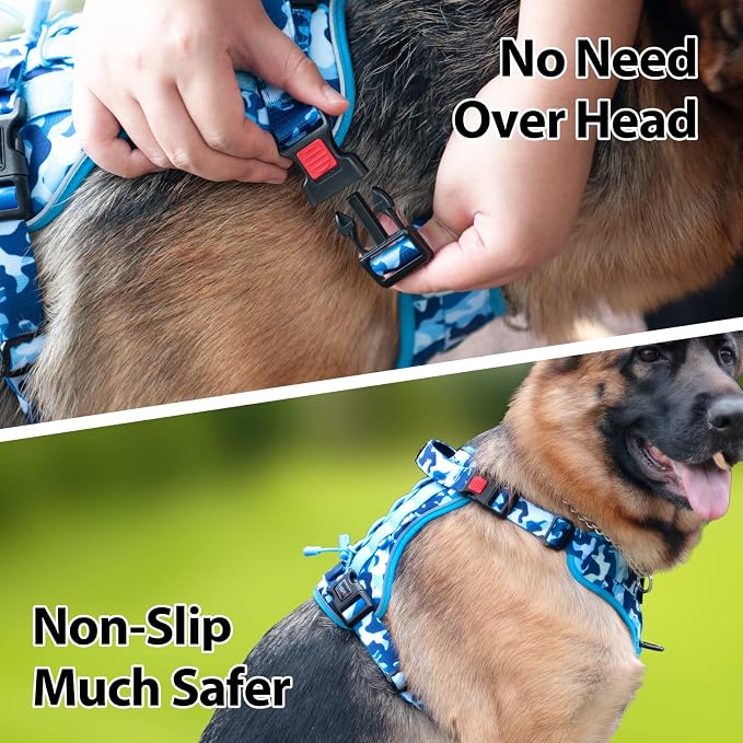 No Pull Tactical Dog Harness,Service Dog Vest Molle & Loop Panels | Ocean Blue L, Metal Front & Back D-ring, Reflective, Easy Control with Padded Handle for Small Medium Large Dogs