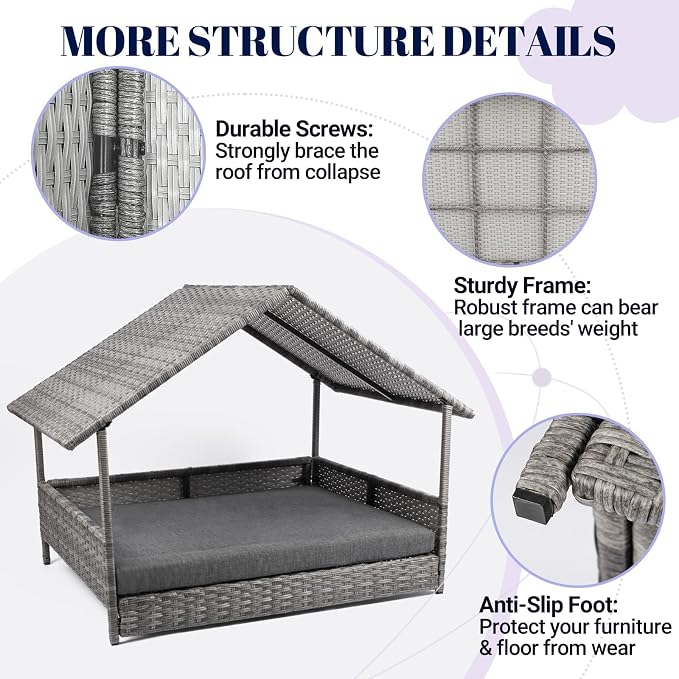 Wicker Dog House, Elevated Rattan Dog Bed with Canopy, Large Dog House Outdoor with Water Resistant Cushion, Outside Rattan Dog House for Dogs with Protective Cover, Grey