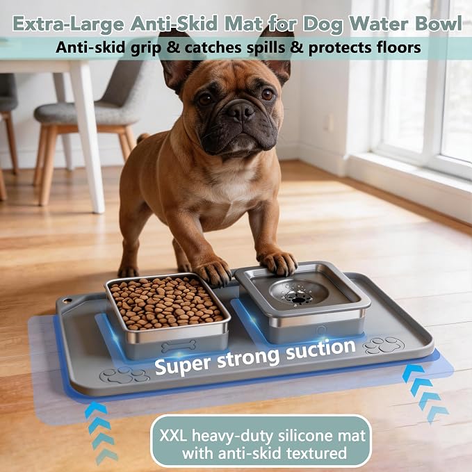 Dog Bowl Set, No Spill Dog Water and Food Bowl with Silicone Mat | Large Capacity 304 Stainless Steel Bowls, 2-In-1 Set, Slow Drinking, Anti-Slip Silicone Feeding Mat, Home/Travel, 6-7 Cups
