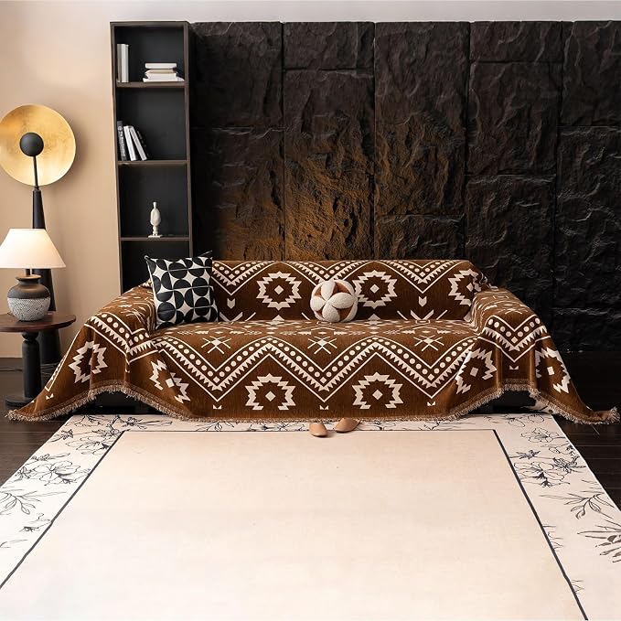 VClife Boho Couch Cover - Brown White Tribal Geometric Pattern Sofa Cover for 3 Cushion Couch Sofa Anti-Slip Washable Couch Cushion Cover, Diamond Zigzag Futon Sofa Protector for Living Room Decor