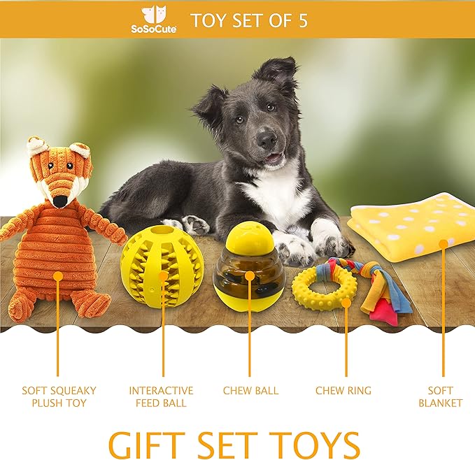 SoSoCute Yellow Dog Gift Box - Puppy Chew Toy Set of 5 - Care Package with Dog Blanket, Squeaky Plush, Rubber Puppy Teether, Teething Ball, and Treat Ball for Small and Medium Dogs