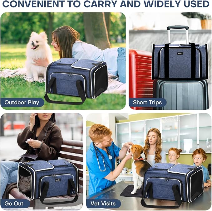 Pet Carrier, Large Soft Sided Expandable Travel Carrier with Steel Frame, Anti-Scratch Mesh, Removable Fleece Pad and Pockets for Cats, Dogs and Small Animals up to 15 lbs (Blue, 4 Sides Expandable)