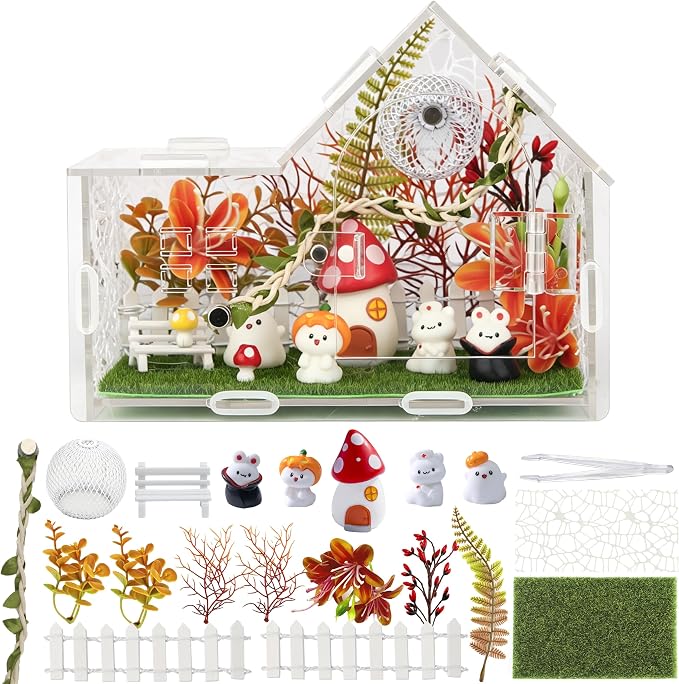 Acrylic Jumping Spider Enclosure Kit 25PCS with Decor | 25-in-1 woodland theme set with mushroom decor, white hideout, plants, ideal for mantis & tarantula