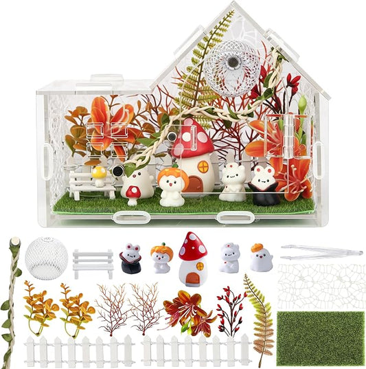 Acrylic Jumping Spider Enclosure Kit 25PCS with Decor | 25-in-1 woodland theme set with mushroom decor, white hideout, plants, ideal for mantis & tarantula