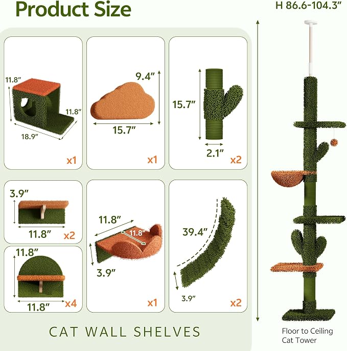 Cactus Floor to Ceiling Cat Tower, 14-in-1 Cat Wall Shelves, Green | Cats Tree with Adjustable Height(87-104 IN), Cat Climbing Wall Furniture Set for 16 Inch Drywall, with Scratching Post, Cloud
