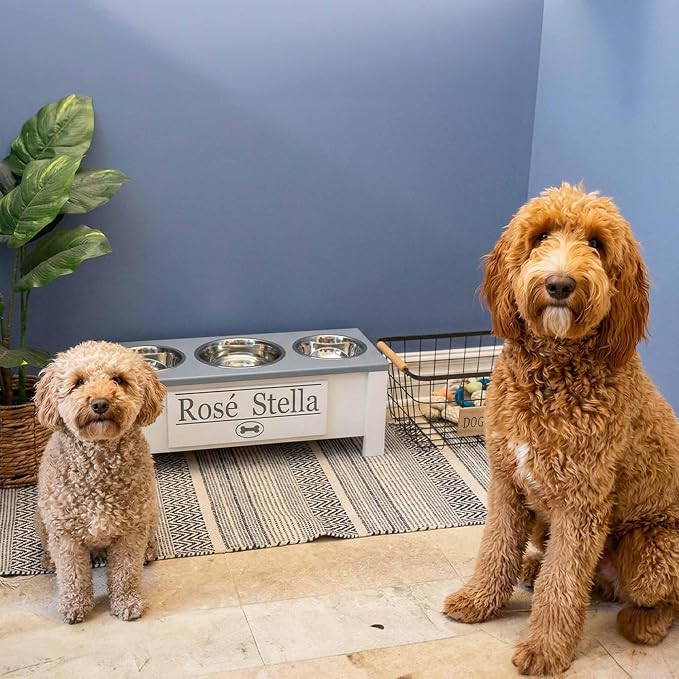 3 Bowl Dog Feeding Station, Personalized Triple Bowl Food Stand Medium Dogs | Farmhouse Style, Elevated Wood Stand, Storage Container, Stainless Steel Bowls, Raised Anti-Slip Feeder, Made in USA