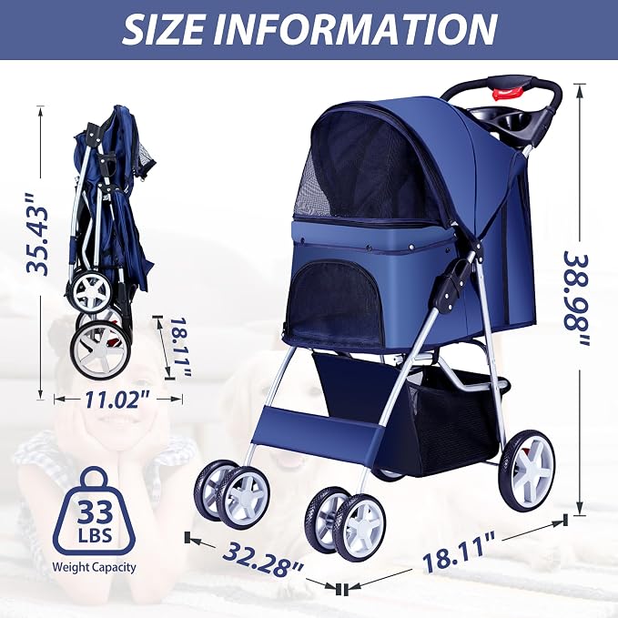 Unisakey 4 Wheels Pet Stroller for Small Medium Dogs Cats 10-33 lbs, Foldable Dog and Cat Stroller with Cup Holder & Storage Basket & Breathable Mesh, Pet Strolling Cart for All-Season, Navy Blue