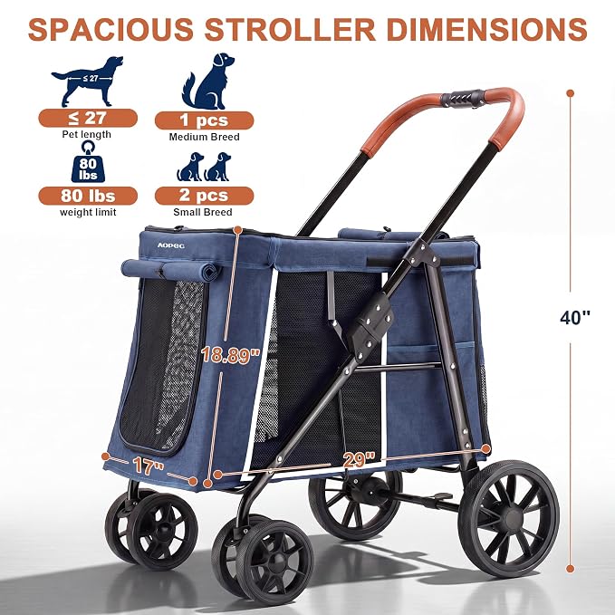 Medium Dog Stroller, Dual Entry One-Touch Folding,Small and Medium Pet Stroller,360° Rotating Front Wheels,70 lbs Weight Capacity for Outdoor Travel and Elderly Dogs - Blue