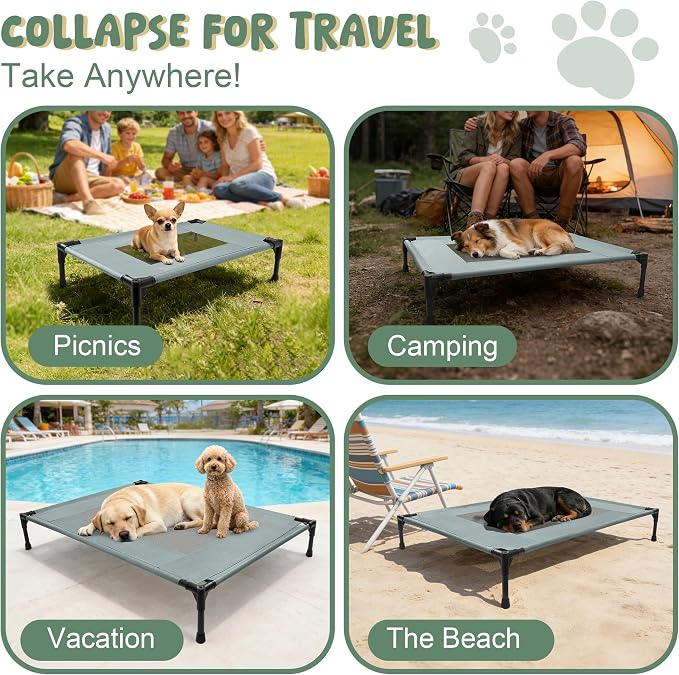 Elevated Dog Bed for Large Dogs - Outdoor Cooling Cot with Washable Breathable Mesh, Portable Raised Pet Bed with Non-Slip Feet & Waterproof Teslin, Heavy Duty & Chew Proof for Camping (Grey, Medium)