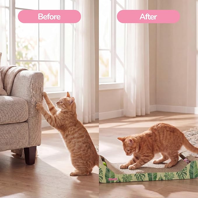 Rini 23.75" Modern Corrugated Cardboard Lounge Bed with Built-in Bell Toys and Catnip, Ergonomic Curved Sofa Scratcher for Indoor Cats, Mint/Green, (Set of 2) CSR1003E-SET2