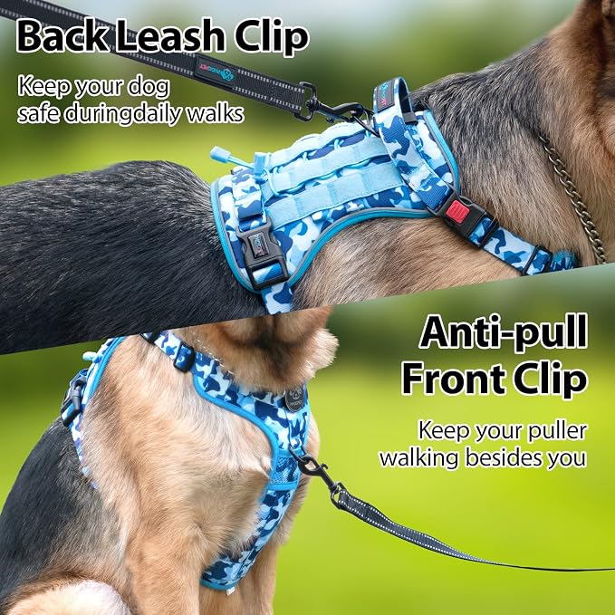 No Pull Tactical Dog Harness,Service Dog Vest Molle & Loop Panels | Ocean Blue S, Metal Front & Back D-ring, Reflective, Easy Control with Padded Handle for Small Medium Large Dogs